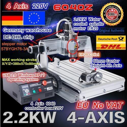 【EU free VAT】 4 Axis 6040 USB port 2.2KW 2200W USB Mach3 CNC Router Engraver Engraving Milling Citting Machine 220VAC