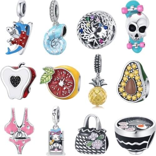 BISAER New Summer Charms 925 Sterling Silver Blue Shark Avocado Bikini Charms Beads For Original DIY Bracelet Jewelry ECC1906