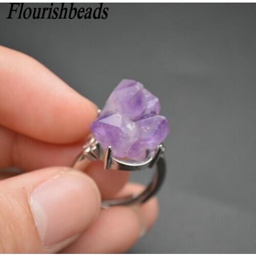 Best-selling Natural Amethyst Druzy Irregularl Shape Gemstone Rings Fashion Man Woman Party Jewelry Size Adjustable Gift