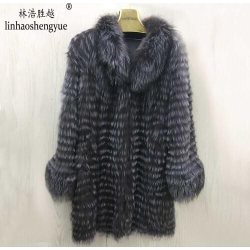 Linhaoshengyue women long fox fur coat Real fox fur long sleeve turndown collar