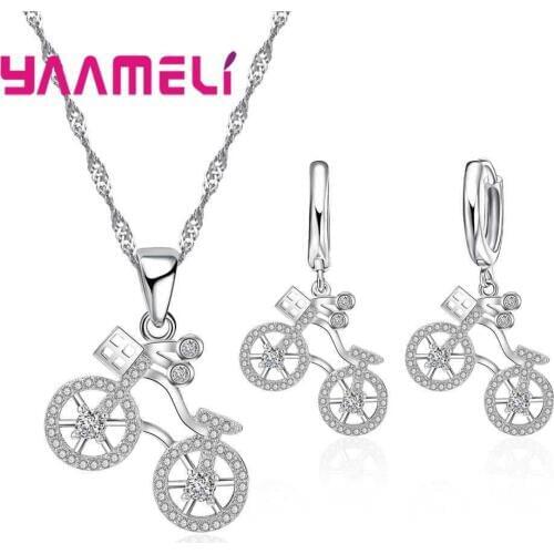 Cute Small Bike Pendant Necklace Hoop Earring Setting With Crystals Zircons Women Girls 925 Sterling Silver Jewelry Sets