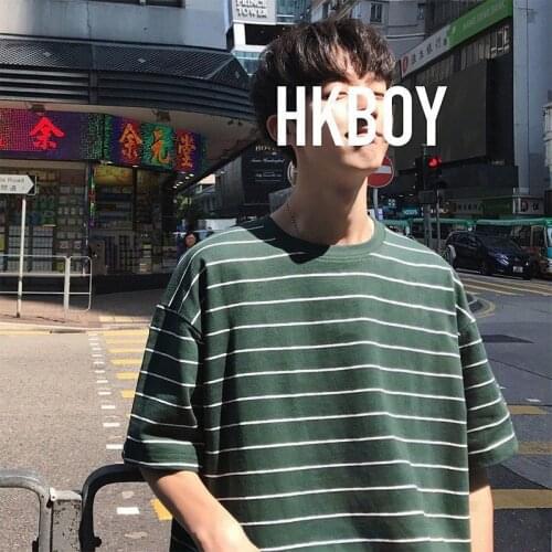 Striped t-shirt men summer Harajuku style short-sleeved Korean loose casual top