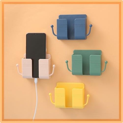 1PC 4 Colors Wall Mounted Mobile Phone Storage Box Multifunctional Air Conditioner Remote Control Plug Shelf Stand With 2 Hooks