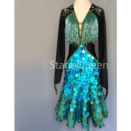 Customizable Sparkly Colors Sequins Women Latin Dance Dress Long Sleeves Design Dance Ballroom Dancing Competition Dresses