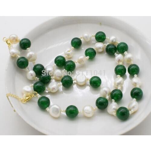 One set freshwater pearl white and green jade round 12mm necklace bracelet 20inch FPPJ wholesale beads nature