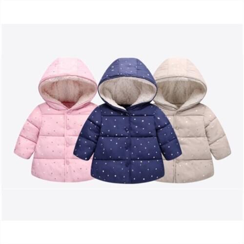 Autumn Winter Kids Star Pattern Outerwear Children Thick Warm Cotton Clothes Boy Hooded Jacket Baby Girl Breasted Solid Coat