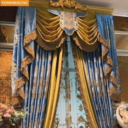 Custom curtains luxury European neo-classical villa blue spell gold velvet embroidery cloth blackout curtain tulle valance B368