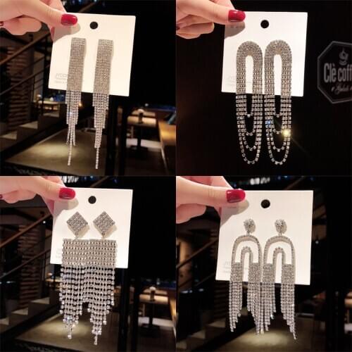 Luxury Tassel Geometric Drop Earring Shiny Full Rhinestone Crystal Dangle Earrings For Women Statement Bijoux Jewelry