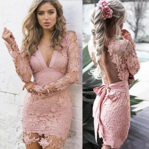 Pink Lace Mini Short Cocktail Dresses 2021 Sexy V Neck Long Sleeves Backless Prom Dress Custom Made Sheath Formal Party Referenc