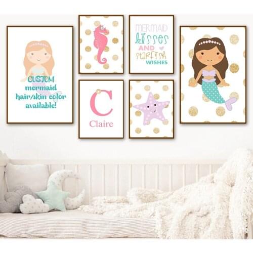 Mermaid Seahorse Starfish Letter Quote Cartoon Wall Art Canvas Painting Nordic Poster And Prints Wall Pictures Kids Room Decor