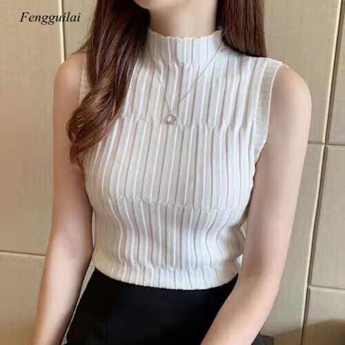 Tops Women Solid Knitted Vest Skinny Female Tank Tops Ladies Turtleneck Sexy Slim Female Night Club Sexy Tops 2020 Summer