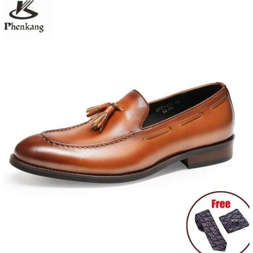 Phenkang Men Genuine Tassel Leather Oxford Shoes Retro Working Dress Shoes For Male Driving Party Oxfords Working Shoes