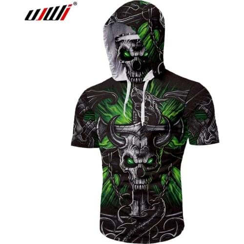 UJWI Dropship Streetwear Men Cool Print Green Skull Horn 3D Short-Sleeved Mask Hooded T Shirt Casual Hip Hop Ninja Wholesale 5XL