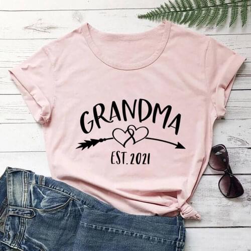 Grandma Est 2021 100%Cotton Printed Womens Tshirt Grandma Gift Tee New Grandmother Funny Summer Casual O-Neck Short Sleeve Tops