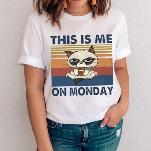 Women Graphic Cute Pet Drinking Coffee Cartoon Lady Casual Funny Cat Clothes Tops Clothing Tees Print Female Tshirt T-Shirt