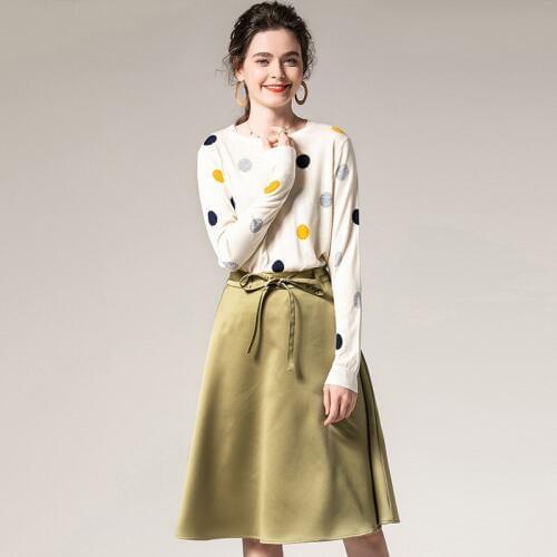 Outfits For Women 2020 Autumn New Round collar Long Sleeve Polka Dot Knitted Top + A Line Skirt 2 piece Set High Quality
