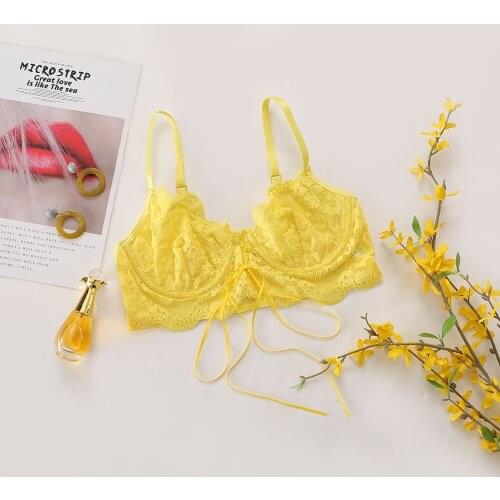 Lace Bralette Woman Bandage See Through Erotic Lingerie Floral Lace Up Womens Bra Black Yellow Sexy Bra without Bones