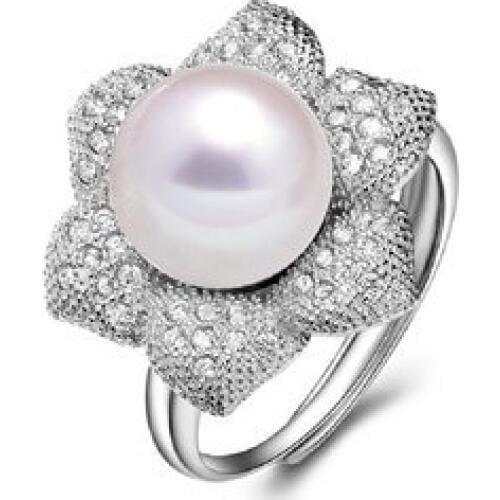 Women Gift word 925 Sterling real Classic flower with natural freshwater pearl rings, 9-10MM white, 925