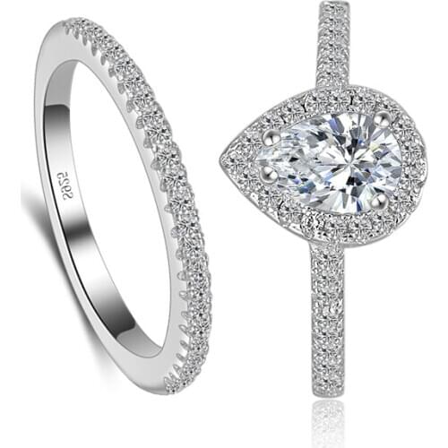 2pcs Silver Rings set Jewelry Teardrop Zircon CZ Diamant Engagement Ring Women 925 Sterling Silver Wedding Rings set for women