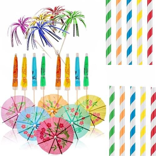 200pcs/set Cocktail Straw Set Mini Umbrella Paper Cocktail Parasols Umbrellas Straws Stirring Stick Hawaii Party Decor