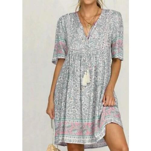 Elegant Boho Dress Women Casual Floral Print Dress V-neck Short Sleeve Strap Loose Mini Bohemian Dress Vestido De Mujer 40