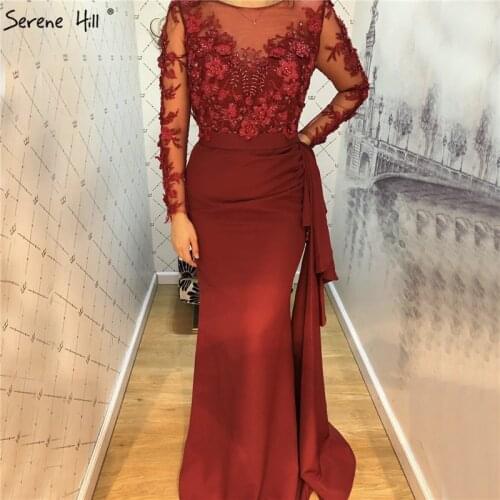 Wine Red O-Neck Satin Mermaid Prom Dresses 2020 Beading Handmade Flowers Long Sleeves Prom Gowns Serene Hill LA70244