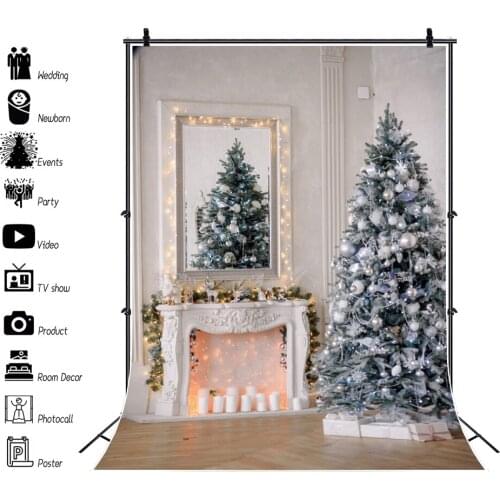 Laeacco Merry Christmas Tree Candle White Fireplace Brown Floor Interior Baby Portrait Photographic Background Photo Backdrops