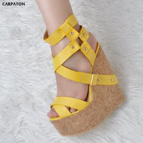 Carpaton Summer Open Toe Platform Wedge Sadals Yellow Leather Cross-tied Cutouts Gladiator Shoes Sexy Party Dress Shoes Women