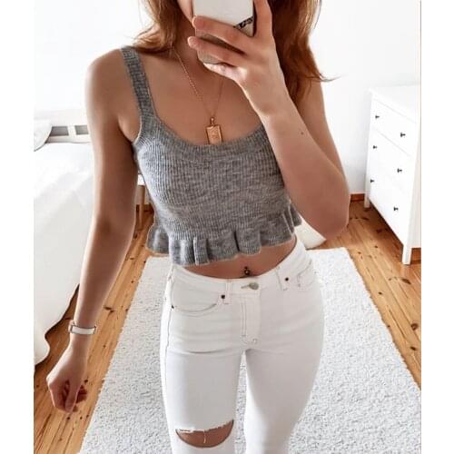 Women Summer Solid Color Tanks for Streetwear Patchwork Design Ruffles Decor Sleeveless Backless Square Collar Slim Short Top