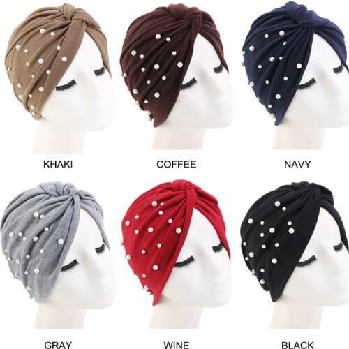 58cm Muslim Hair Caps Women Pearl Beading Elastic Turban Hat Sleep Night Wrap Cotton Twist Cap Hijab Headwear Hair Styling Tool