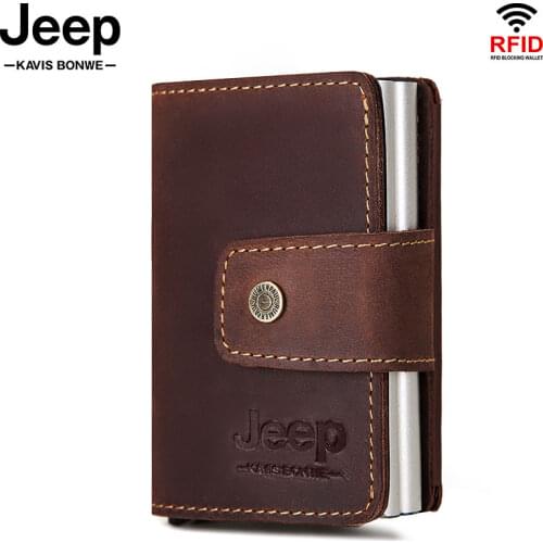 2020 Men Automatic Credit Card Holder Crazy Horse Cow Leather Wallet Aluminum Mini Wallet Coin Purse ID Card RFID Blocking Perse