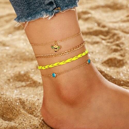 HI MAN 4Pcs/Set French Mixed Acrylic Bee Hand-Woven Anklet Women Simple Exquisite Wedding Party Jewelry Accessories