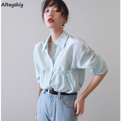 Shirts Women Fashion Tops Simple Pockets Turn-down Collar Casual Thin Summer Solid All-match Elegant Tunic Temperament Harajuku