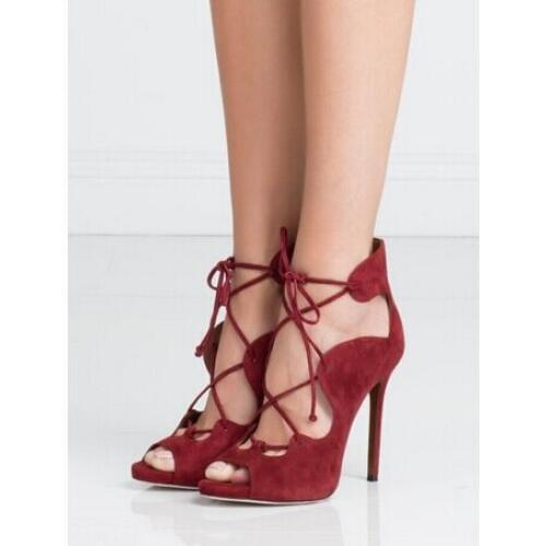 Summer lace-up high heel suede women sandals name peep toe gladiator sandals women wedding party dress shoes woman plus si