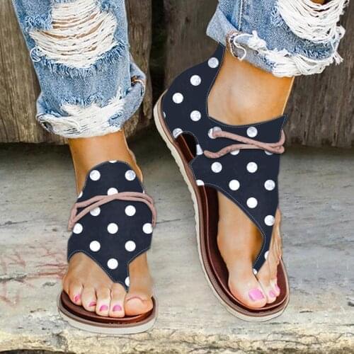 TELOTUNY Sandals Womens 2021 Summer Fashion Casual Polka Dot Printed Flat Flip Flops Zipper Clip Toe Outdoor Beach Sandals