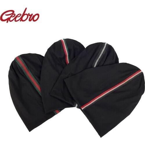 Geebro Women zipper Ribbon Soft Cotton Beanies Hat Fashion Solid Color Baggy Slouch Skull Hats and Cap Lady Birthdays Gifts