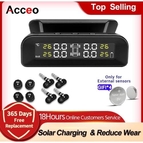 Acceo K07 TPMS CarTire Pressure Alarm Monitor System Display Intelligent Temperature Warning With 4 Sensors Solar Power Charging
