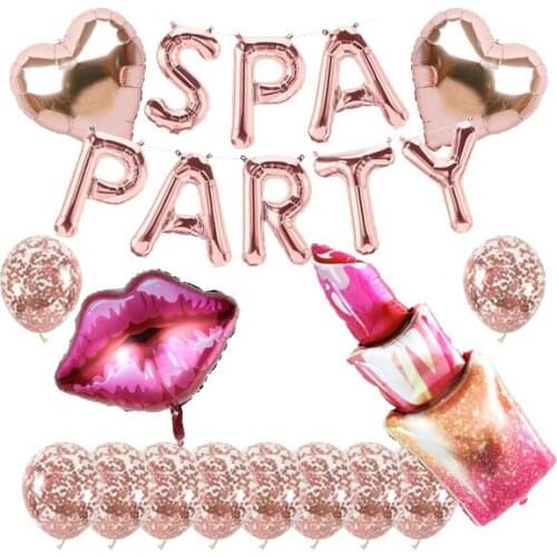 Spa Day Party Decorations Rose Gold Spa Party Balloons Banner Spa Cake Topper Inflatable Lipstick Red Kissy Lips for Girls