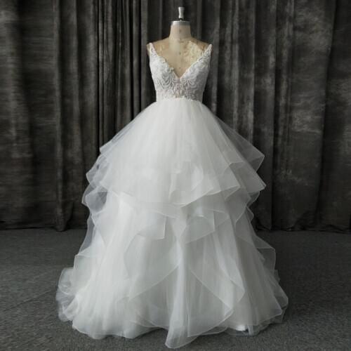 Robe de mariee 2020 Real Image Princess Wedding Dress V Neck Beaded Illusion Bodice Ruffled Skirt Open Back Lace up Bridal Gown