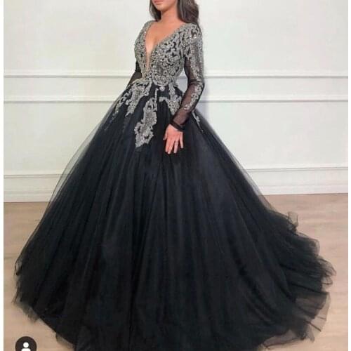 New Arrival V Neck Full Black muslim evening dress Beading Ball gown evening gowns Dubai Prom Party dress