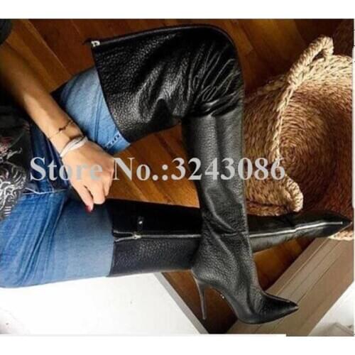 Women New Black Leather Front Zipper Thigh High Boots Fashion Stiletto Heel Long Boots Sexy Lady Large Size Winter Boots