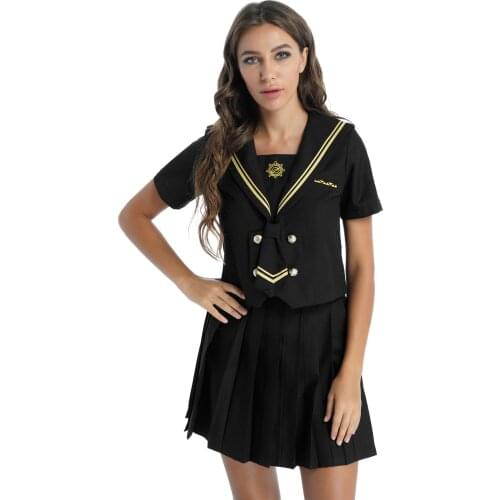 Women School Girls Sailor Collar Short Sleeve Tops with Mini Pleated Skirt Bow Tie Student Uniform Fancy Cosplay Party Costume