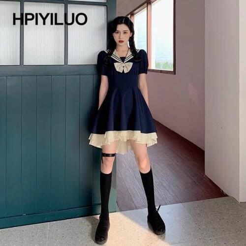 2021 Sailor Collar Ruffles Lolita Dress Women Sweet Lace Up Dresses Japanese Harajuku Female Korean Kawaii Cute