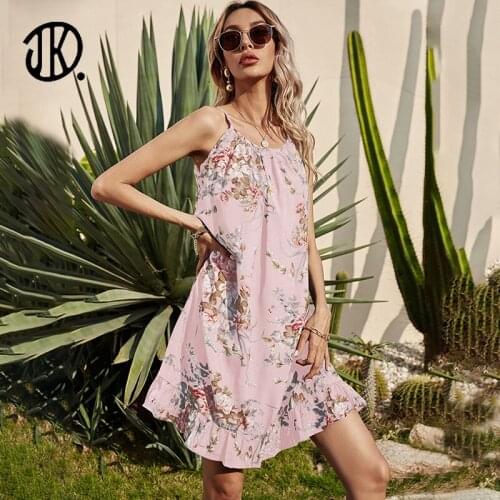 Femme Beach O-neck Sleeveless Flower Printing Women Sling Dresses 2021 High Quality Elegant Dress Vestidos Mujer XL Mini Dresses