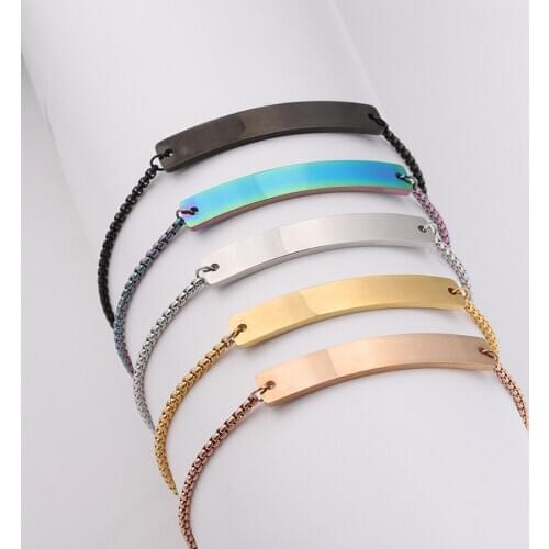 100% Stainless Steel Blank Bend Bar Bracelet For Engrave Metal Rectangle Tag Adjustable Chain Mirror Polished Wholesale 10pcs