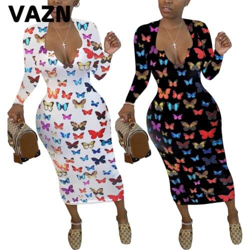 VAZN 2020 V-Neck Stretchy Package Hip Bodycon Maxi Dress Cartoon Street Women Casual Dress Sexy Long Dress