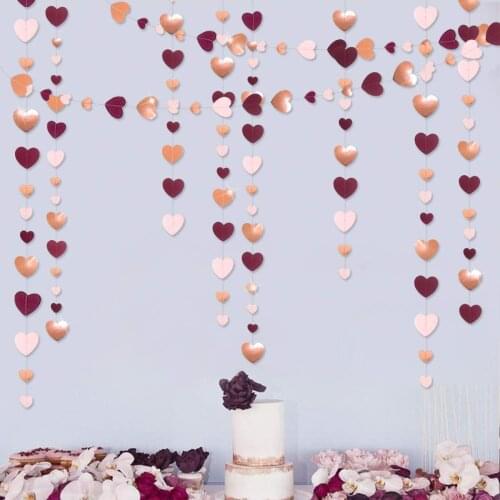 4M Burgundy Rose Gold Pink Paper Love Heart Garlands Hanging Streamer Banner for Bachelorette Wedding Birthday Party Decorations