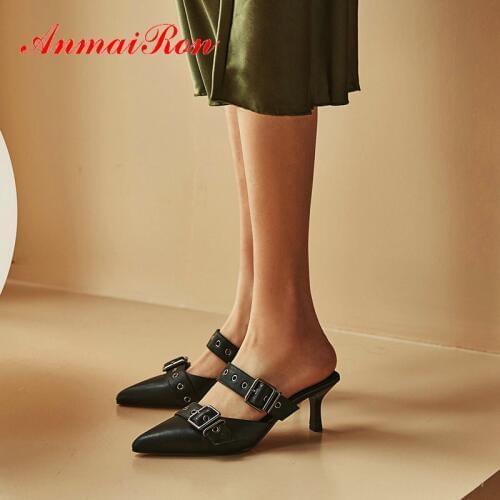ANMAIRON 2020 Summer Women Shoes Synthetic Buckle Solid Genuine Leather PU Thin Heels Fashion Outside Slippers Women Size 34-40
