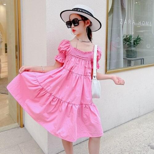 Girls Pink Bubble Sleeve Dress 2021 Summer Children Short Sleeve Solid Color Cotton Comfortable Mini Dresses