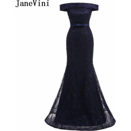 JaneVini Graceful Navy Blue Long Sequined Lace Bridesmaid Dresses Mermaid Boat Neck Backless Floor Length Formal Prom Wear Gowns